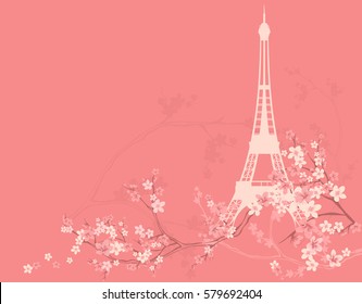 spring Paris vector background - eiffel tower silhouette among sakura flower branches.