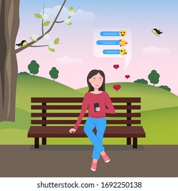 Spring Park with a character. Stock vector graphics.