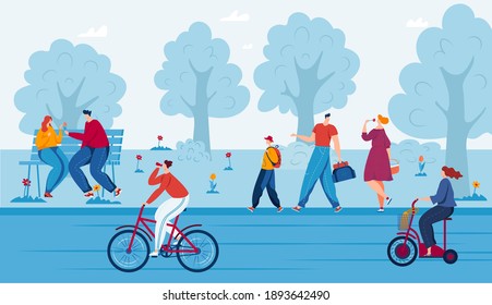 Spring park in city vector illustration. People relaxing in nature outdoor in beautiful urban park, city landscape. Happy young couple on bench, bicyclists cicling among trees. Leisure and fun.