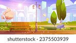 Spring park with cityscape background. Vector cartoon illustration of public garden landscape with bench under lantern and green trees, flowers on lawn, modern urban buildings, sunny sky with clouds