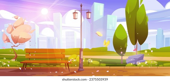 Frühlingspark mit Stadtlandhintergrund. Vektorgrafik-Illustration der öffentlichen Gartenlandschaft mit Bank unter Laterne und grünen Bäumen, Blumen auf Rasen, moderne urbane Gebäude, sonniger Himmel mit Wolken