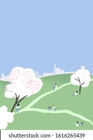 Spring park during cherry blossom. Tiny people on picnic, walking couples, taking photos under blooming trees. Blue sky with urban skyline.  Poster format for festival announcement.