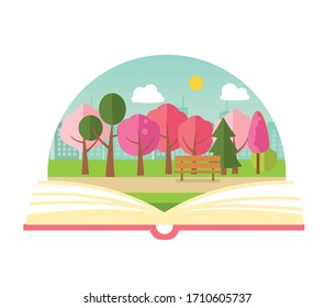Parques de primavera o escena forestal con colores vibrantes en páginas de libro mágico, ilustración vectorial