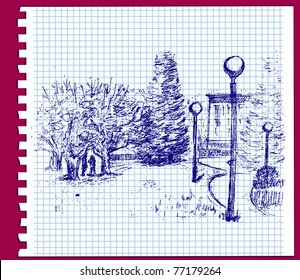 spring park ink drawing in a notebook