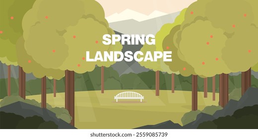 Spring park landscape with green trees, sunlight rays, and a white bench. Flat design, vector illustration perfect for backgrounds, web design, ecological, and nature-related themes