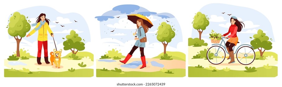 Spring park. Set of young girls walking in the park in spring. The girl drinks coffee, walks the dog, rides a bike. cartoon vector illustration