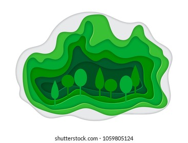 Spring Park. Urban lifestyle concept. Paper art style.Horizontal vector illustration.Abstract green background with trees in paper style. Carving art, ecology and natural.