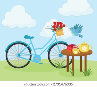 Spring park ou jardim com azul bicicleta flores livros chá chaleira e nuvens brancas em design sazonal vibrante