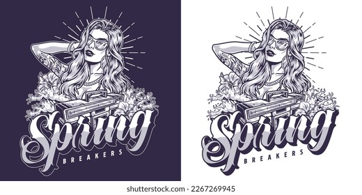 Spring party girls flyer monochrome with tape recorder for cool beach disco on island and belle in sunglasses vector illustration