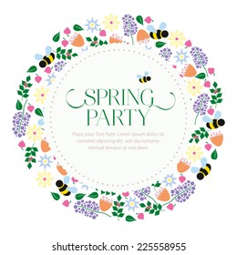 spring party invitation card with text and flower symbols on white background