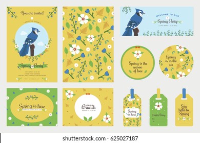 Spring party invitation design vector set with spring elements and a blue jay bird illustration. It can be used on post cards, gift tags, badges, seamless cushion patterns etc.