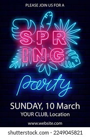 Spring party neon flyer. Vertical poster template. Tropical leaves. Season special event celebration. Night club dance advertising. Glowing banner with lettering. Vector stock illustration