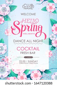 Spring party poster with full blossom flowers. Spring flowers background