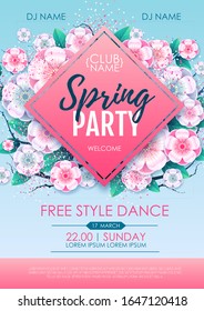 Spring party poster with full blossom flowers. Spring flowers background