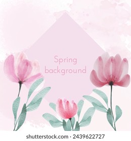 Spring pastel background with watercolor flowers and leaves. Watercolor pink art design suitable for presentation, banner, card, social media