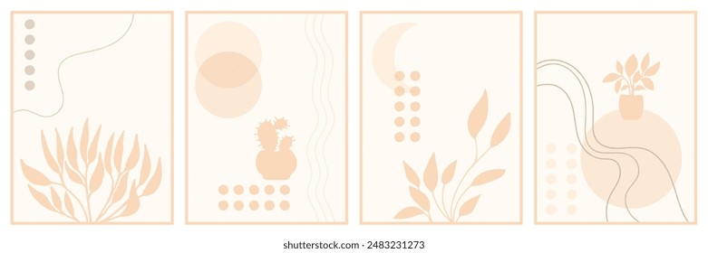 Spring pastel beige neutral backgrounds. Minimalistic style with floral elements and texture. Vector template for card, banner, invitation, social media posts.