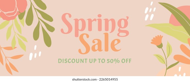 Frühlingspastellfarbener Hintergrund. Minimalistischer Stil mit floralen Elementen und Textur. Bearbeitbare Vektorvorlage für Karte, Banner, Einladung, Social-Media-Post, Poster, mobile Apps, Web-Anzeigen