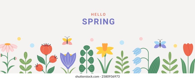 Spring pastel flowers background. Banner with blooming garden, floral decoration, leaves in flat geometric style. Horizontal pattern or border in beautiful plants. Vector modern trendy illustration.