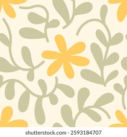 Spring Pastel Flowers Seamless Pattern. Cute wavy floral background with yellow chamomile and curvy leaves. Simplicity freshness. Repeat botanical vector illustration