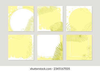 Spring pastel neutral abstract square backgrounds with flowers. Yellow color vector set. Social media posts, stories, banners, invitation, mobile apps, online ads, poster, postcards, greetings