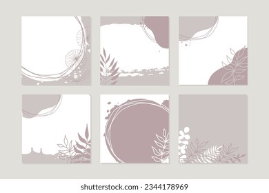 Стоковое векторное изображение: Spring pastel neutral abstract vector square backgrounds with flowers. Lilac color set. Social media posts, stories, banners, invitation, mobile apps, online ads, poster, postcards, greetings