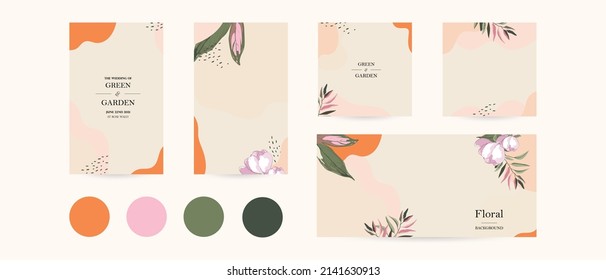 Spring Pastel Pink Green Floral Background. Suitable For Instagram Social Media Post And Facebook Cover. Abstract Layout Template For Woman Beauty, Jewelry And Make Up. Hand Drawn Vector Flower, Leaf