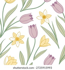 Spring pastel seamless pattern with tulips and daffodils for fresh lively spring spaces concept as Fresh tulips and daffodils arranged in seamless spring pastel patterns for a lively and refreshing look in Photo Stock Concept and empty space on the left side,no text --ar 7:2 --tile