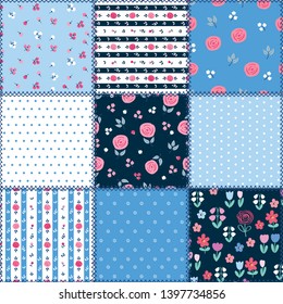 Spring patchwork background with different flowers patterns for textile, gift wrap and scrapbook. Vector illustration.