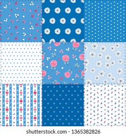 Spring patchwork background with different patterns for textile, gift wrap and scrapbook. Blue background. Vector illustration.