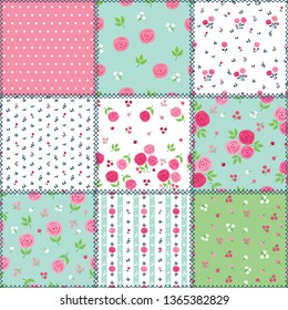 Spring patchwork background with different patterns for textile, gift wrap and scrapbook. Vector illustration.