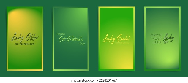 Spring Patrick's day stories design template set. Story gradient layout for promo greeting card design for lucky sale promotion. Green and Yellow elegant smooth social post posters set.