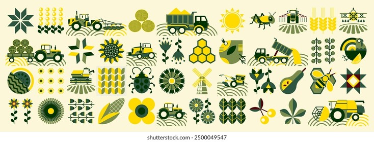 Spring pattern. Agriculture, farming. Vintage mosaic style. Simple geometric shapes. Textile background of grains, poultry breeding, beekeeping, agricultural machinery, farm implements, flowers.