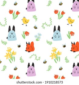 Spring pattern with animals and flowers. Illustration for kids textile or wallpapers