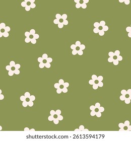 Spring pattern with beige flowers on green background. Cute vector seamless texture 
