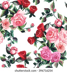 Spring pattern with big roses on a white background