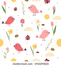 Spring pattern with birds and flowers. Hand drawn flat cartoon elements. Vector illustration