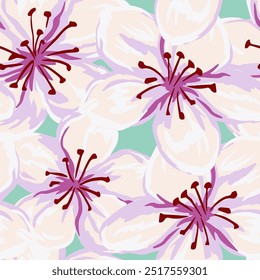 Spring pattern with blooming large flowers. Abstract artistic florals seamless printing. Vector painted ornament for designs, cover, fabric, textiles 