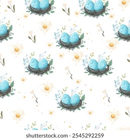 Spring Pattern with Blue Eggs in Nests and Daisies. Happy Easter. Blue Speckled Eggs and Daisies Seamless Spring Pattern