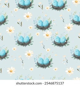 Spring Pattern with Blue Eggs in Nests and Daisies. Happy Easter. Blue Speckled Eggs and Daisies Seamless Spring Pattern