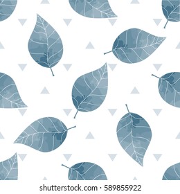 Spring pattern of blue watercolor leaves on a white background. Vector illustration.