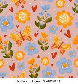 Frühlingsmuster mit botanischem Ornament, Blumen, Schmetterlinge, Herzen. Flacher Stil, Vektordesign für Osterkarten, Poster