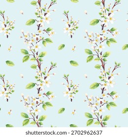 Padrão de primavera com ramos, folhas e flores pequenas, estilo aquarela, cores pastel macias, detalhes delicados, design sem costura, fundo branco, atmosfera suave e arejada, ilustração de alta qualidade