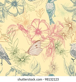 Spring pattern with butterflies and birds on apple flowers,