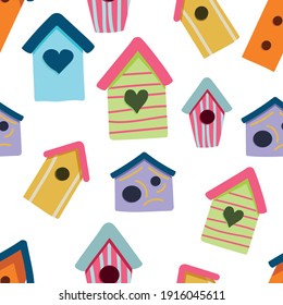 spring pattern of colored birdhouses on a white background. small colorful bird houses. vector illustration.