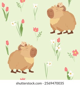 Spring pattern with cute capybara and baby. Funny capibara, adorable exotic animal. Cartoon South America mammal. Trendy charming vector design for wrapping paper, card, fabric, print, textiles