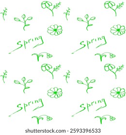 
Patrón de primavera con margaritas y hojas y la inscripción de primavera en verde
