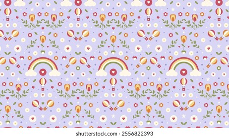 Spring pattern design featuring balloons, rainbows, and other springtime elements. Vector illustration.