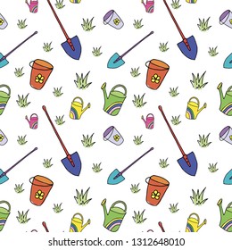 spring pattern, spring doodle background, garden pattern, seamless vector pattern hand-drawn doodle spade, bucket, watering can, grass on white background, bright doodle pattern for your design