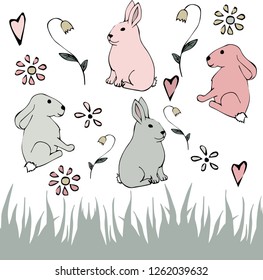 spring pattern for Easter with images of rabbits, grass, flowers and hearts in gray and pink
