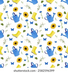 spring pattern featuring flowers and watering cans